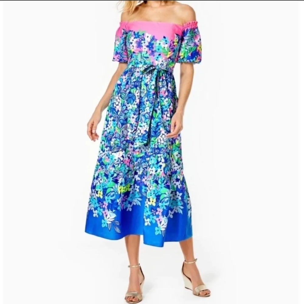 Lilly Pulitzer Zalie Midi Off Shoulder Dress Borealis Blue Social Sunset Floral